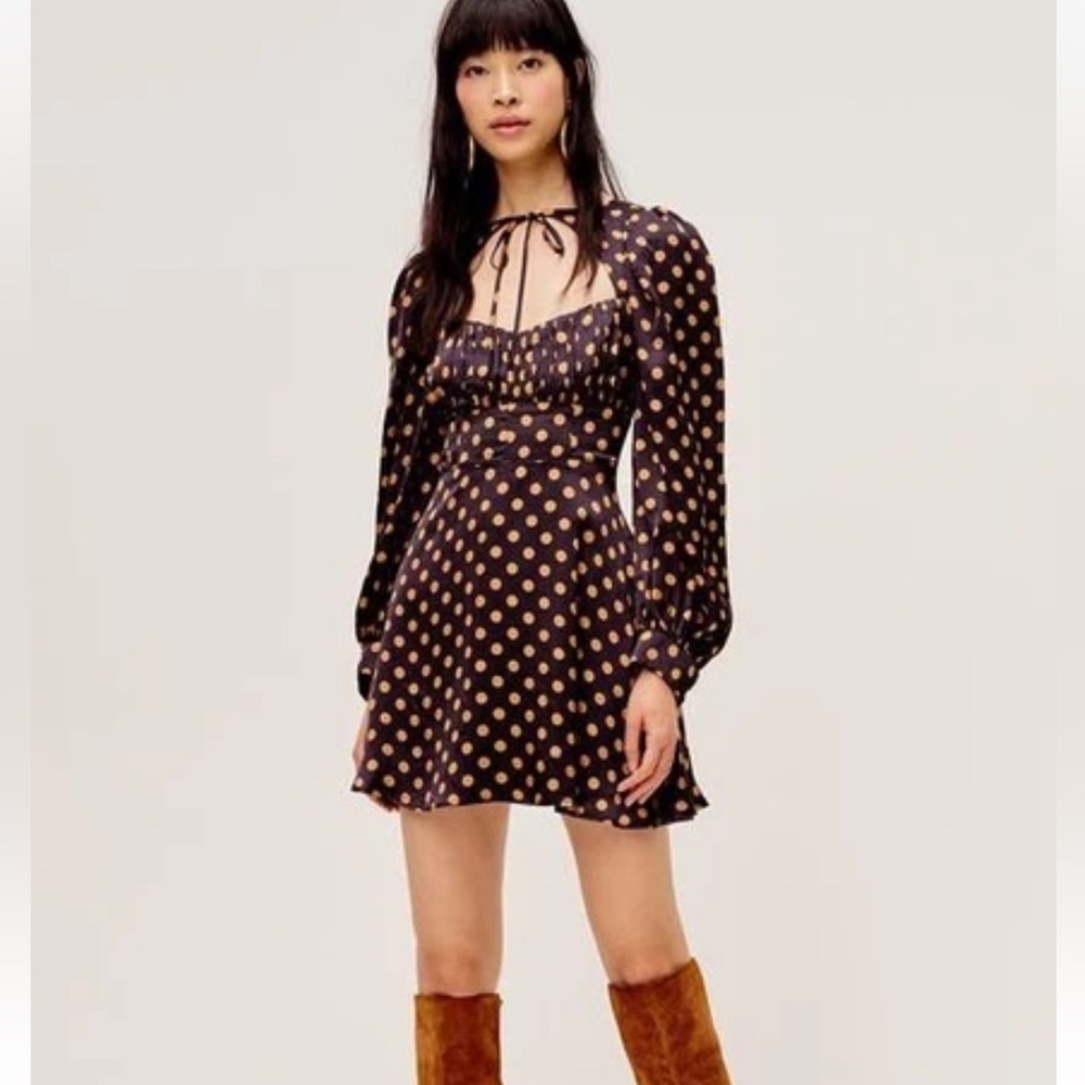 NWT For Love & Lemons Lark Polka Dot Mini Dress in Chocolate Brown